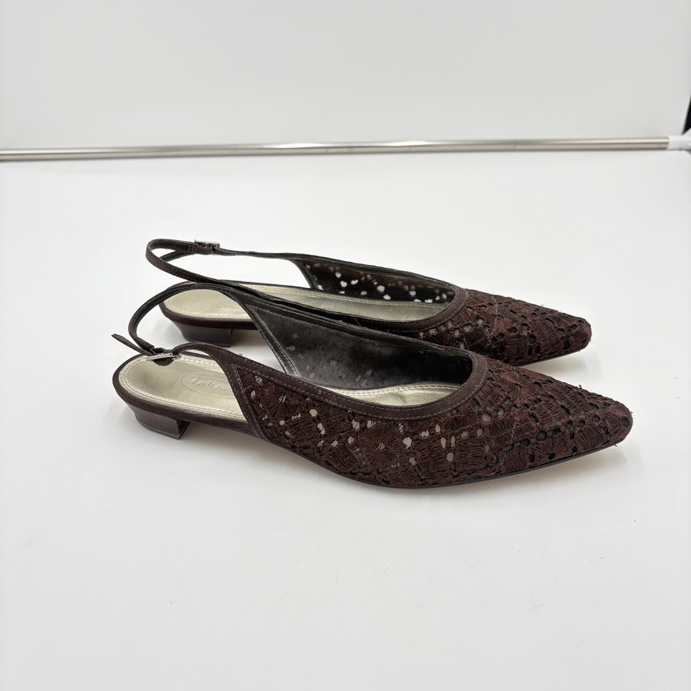 Vintage Whimsigoth Cottagecore Talbots Pointed Flats Brown Lace Slingback Size 8